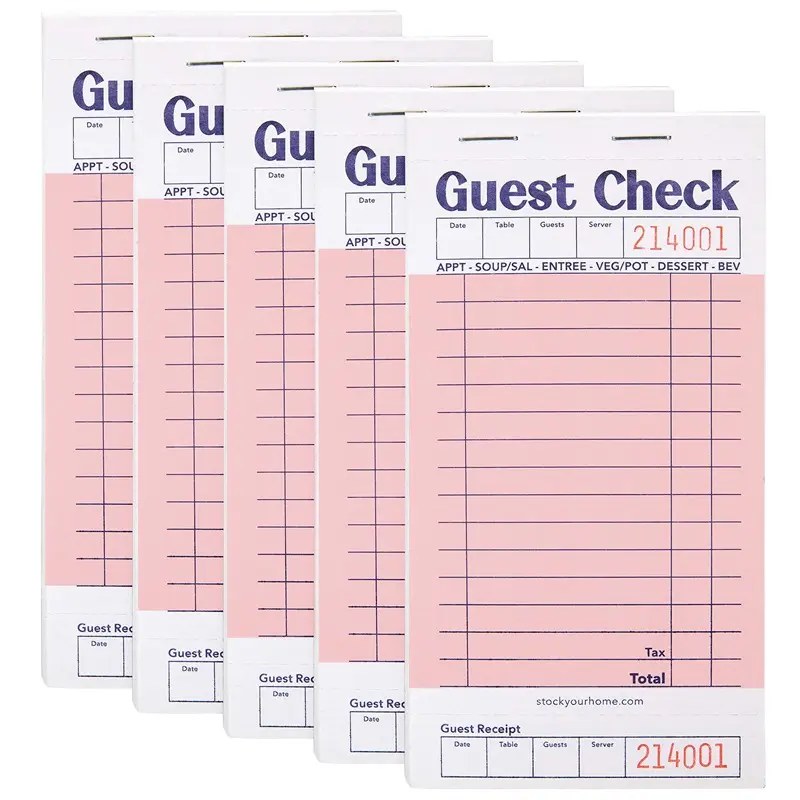 Stock Your Home Pink Guest Check Books for Servers (5 Pack) Server Note Pads, Waiter Checkbook, Food Receipt Book, Restaurant Order Pad, Paper Checks, Waitress Accessories, 250 Total Tickets