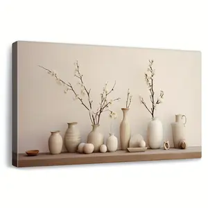 Modern Minimalist Flower Vase Canvas wall decor , Neutral Aesthetic Cream Beige Home Decoration Print, Serene Artistic Botanical Shelf Display Artwork for Bedroom & Office Ornaments Floral Plants