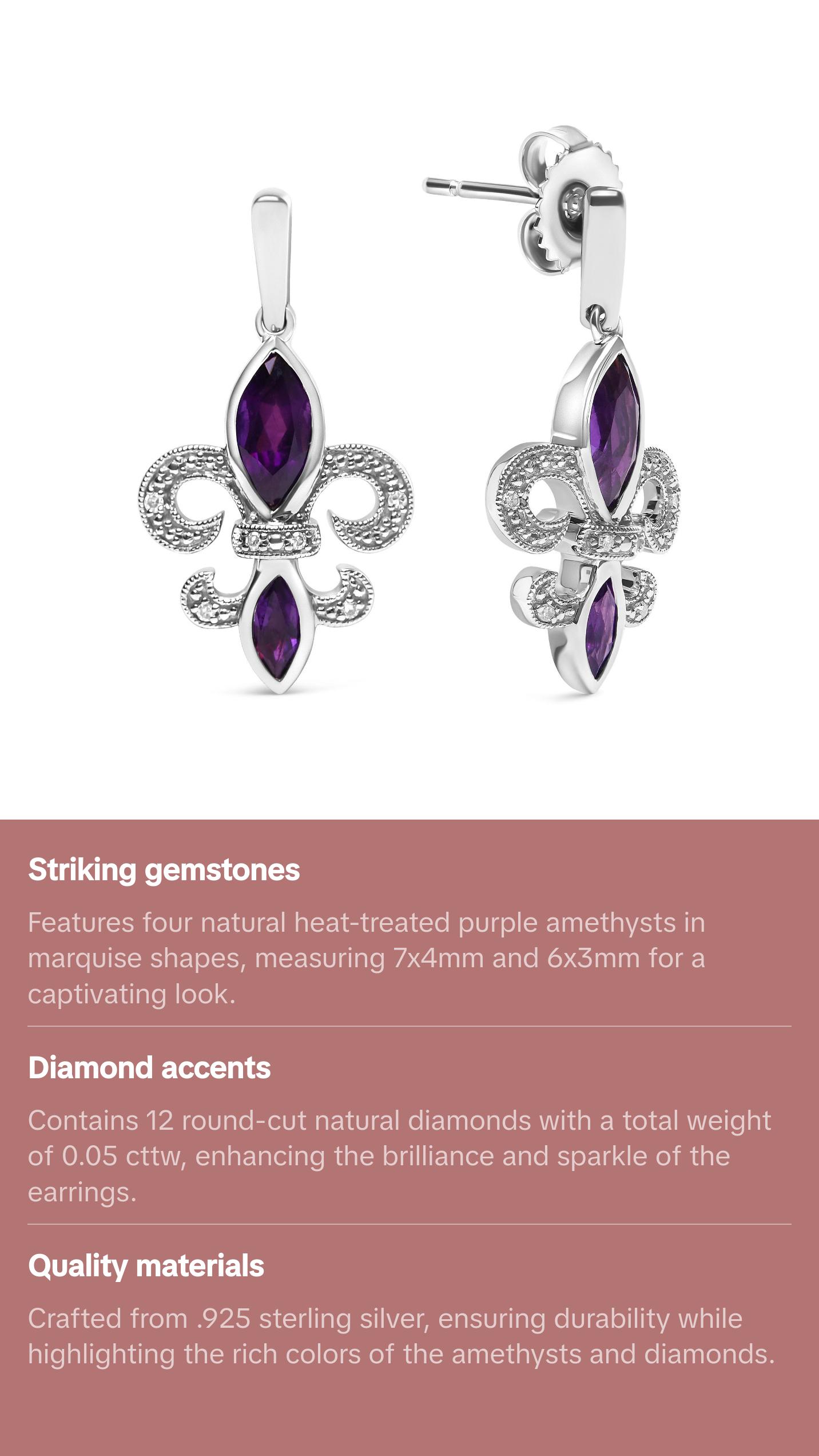 .925 Sterling Silver Marquise Cut Amethyst and Diamond Accent Fleur De Lis Dangle Stud Earrings (H-I Color, SI1-SI2 Clarity)