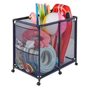 summervibes Coated Steel Rolling Pool Storage Bin, 36.8x24x35.6 in, Heavy-Duty Metal Frame Mesh Basket with Side Pockets, Rolling Casters, Poolside Toy & Noodle Organizer