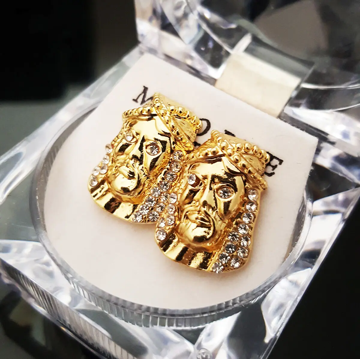 MaxBling81 Unisex 15x10mm Iced Jesus Face Stud Earrings - Gold-Silver Coated Metal Hip Hop Religious Jewelry, Men's Studs Earrings for Casual Elegant Costume Fashion Accessories, Men's Earrings