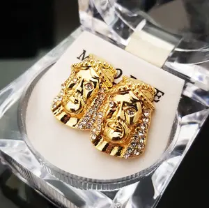 MaxBling81 Unisex 15x10mm Iced Jesus Face Stud Earrings - Gold-Silver Coated Metal Hip Hop Religious Jewelry, Men's Studs Earrings for Casual Elegant Costume Fashion Accessories, Men's Earrings