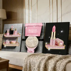 3 Counts Wooden Framed Canvas Painting, Luxury Pink Glitter Bathroom Decor Images, Exquisite Artistic Poster, Perfect Gift, Decor For Living Room, Bedthroom, Home Bedroom Decor, Modern Abstract Design Art, Fashion Family Poster, Wall Art Decoration