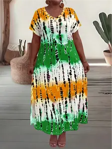 Plus Size Women's Loose Casual Split Hem Short Sleeve Dress, Comfortable Summer Fashion, Perfect for Daily Wear