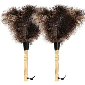 14 inch Fluffy Natural Genuine Ostrich Feather Duster with Wooden Handle Eco-Friendly Reusable Handheld Duster for Cleaning Supplies