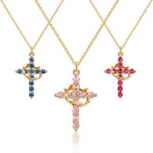 Crown Cross Necklace for Women, Dainty Cross Faith with Crown Trendy 14K Gold Plated Cubic Zirconia Pendant Necklaces, Simple Cute Necklaces Women Fashion Jewelry