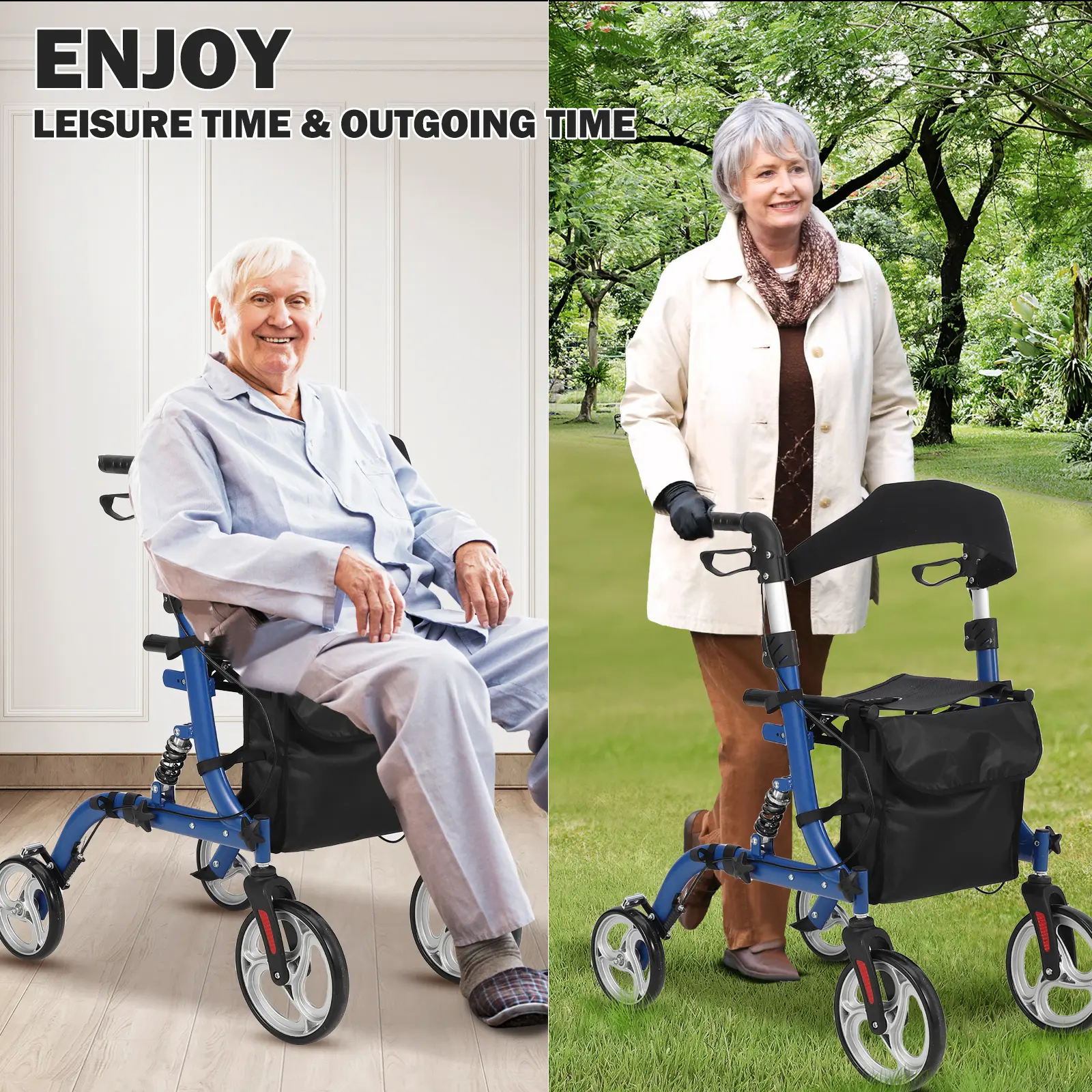 2-in-1 Rollator Walker & Transport Chair for Seniors – Lightweight Collapsible Wheelchair Combo with Seat, Shock Absorber, 12" All-Terrain Rubber Wheels, Adjustable Height, Brakes, Backrest & Footrest, Heavy Duty, 300 lb Capacity