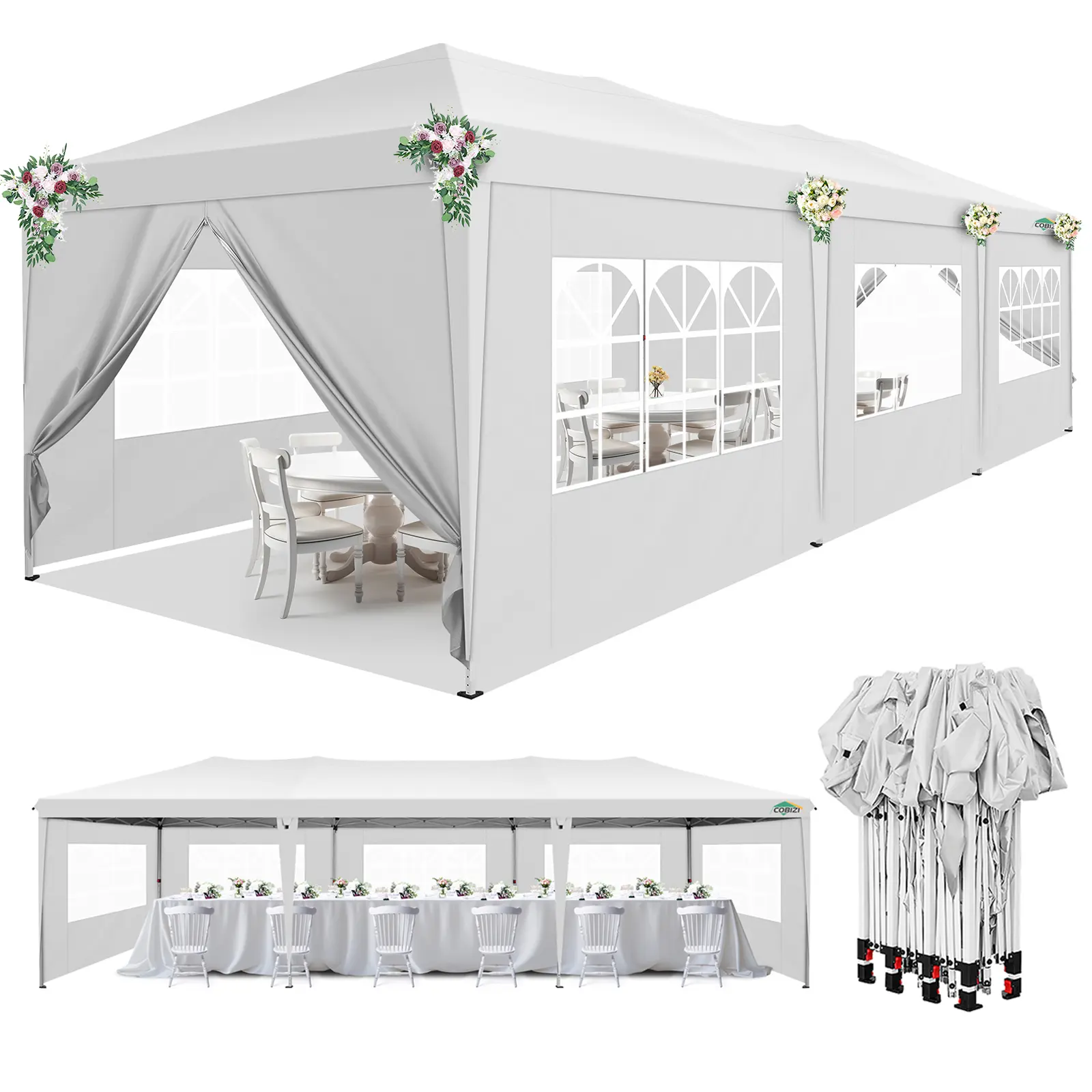 COBIZI 10x30 Outdoor Sunshade Canopy Tent - Weatherproof Easy-Up Pop Up Tent with Removable Walls for Wedding Setup, Outdoor Canopy