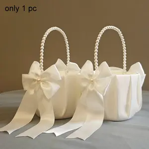 Pure Color Bow Pearl Handle Flower Girl Gifts Basket, Perfect for Halloween Christmas Party Decorations, Elegant Wedding Accessories, Gift Baskets