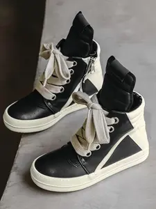 1 Pair Men's Trendy High-Top Sneakers Sports Shoes - Premium Leather Upper+Durable Rubber Outsole Suitable for Daily Wear+Street Sports, Stylish Color Block & Comfortable & Versatile