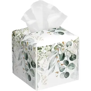 Eucalyptus Leaves Flowers Square Tissue Box Cover Watercolor Green Leaves Waterproof Leather Tissue Holder Organizer Dispenser for Bathroom Home Car Nightstand Vanity