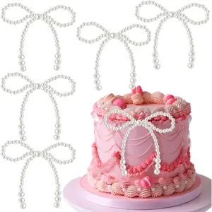 12Pcs Pearl Bow Cake Topper Bowknot Pearl Bows Cupcake Toppers for Bow Themed Birthday Wedding Baby Shower Party Cake Decoration Supplies