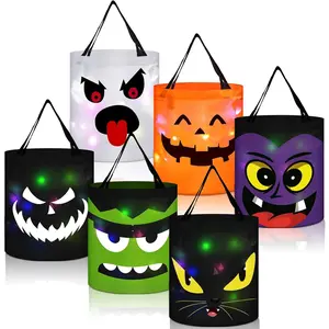 6 Pcs Halloween Trick or Treat Bucket LED Light up Pumpkin Candy Bucket Halloween Treating Baskets Reusable Goody Tote Bag for Party Favor Supplies