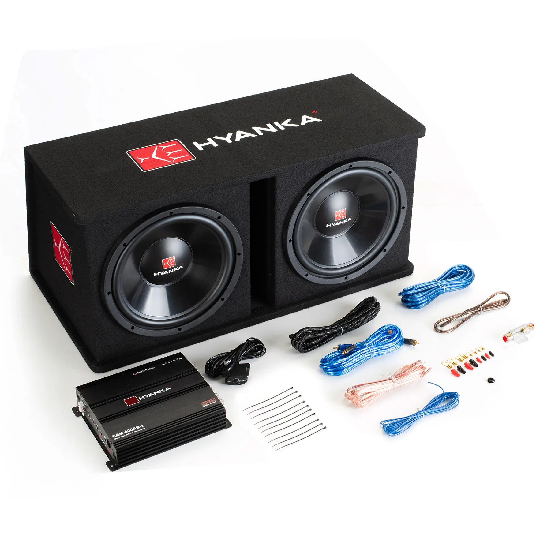 H YANKA SKP-D12M 1200W Dual 12" Car Subwoofer Enclosure Kit - MDF Box, Mono Amplifier, Complete Wiring Kit, High-Bass Car Audio for Trucks, SUVs