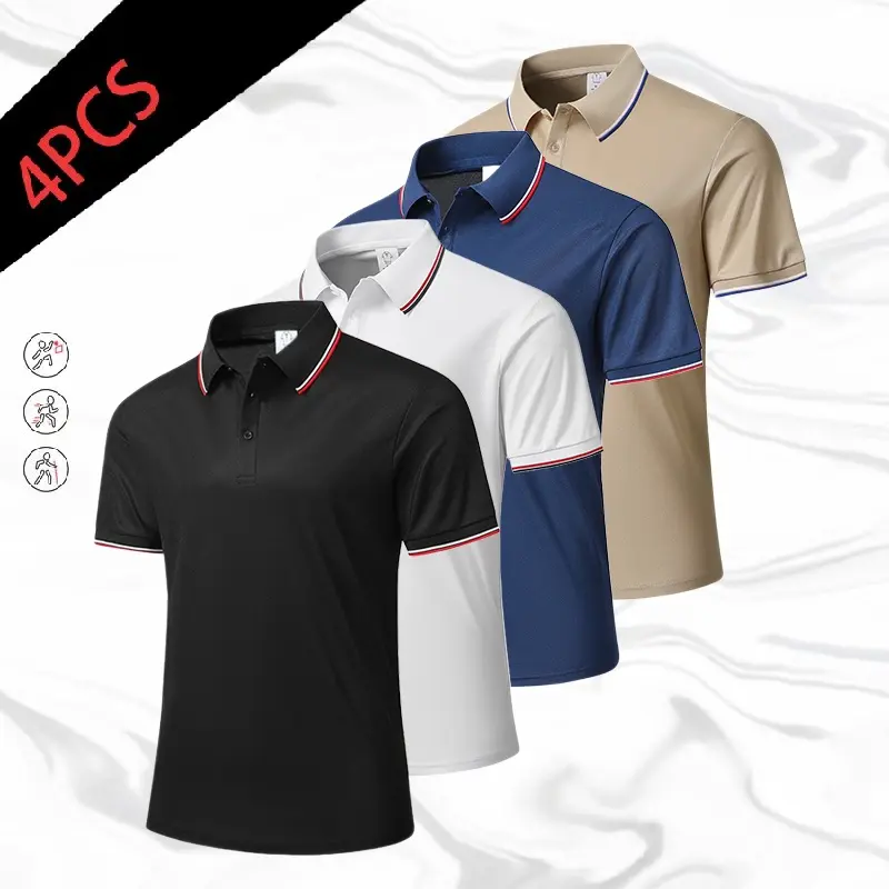 Pack of 4 minimalist business-style men’s polo shirts with contrast trim at the collar—breathable, skin-friendly, and wrinkle-resistant; suitable for office work, everyday wear, shopping, and outdoor activities in summer. Beige Casual