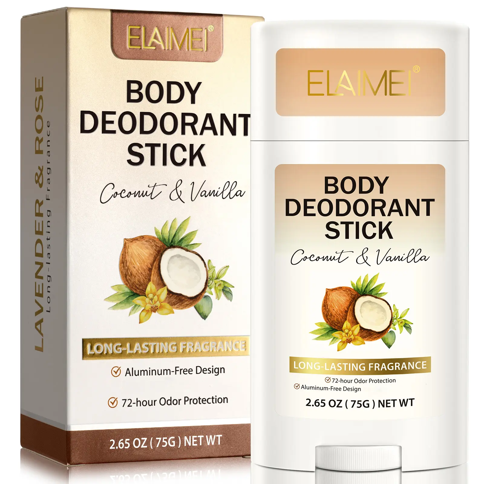 ELAIMEI Natural Deodorant Stick - Aluminum-Free Body Care with 72-Hour Sweat & Odor Control, Coconut & Vanilla Scent, 2.65 oz (75g), Sweat Control