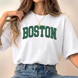 Boston Collegiate Arch Letter Graphic Tee Vintage Varsity Style Short Sleeve T-Shirt Casual Game Day Sports Fan Top Retro Streetwear Unisex Clothes