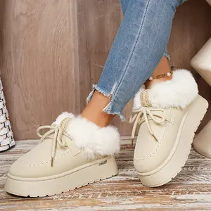 Women's Warm Platform Slippers Fuzzy Collar Slip-On Mules Non-Slip Mini Snow Boots Comfort Indoor Outdoor Shoes