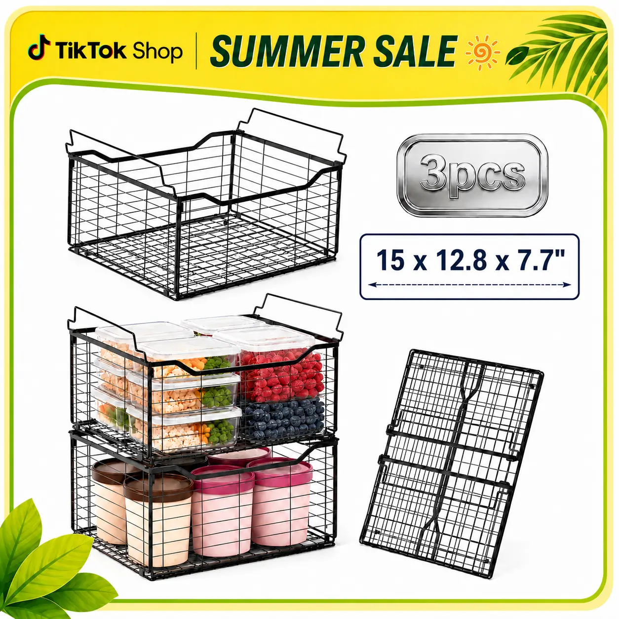 15 x 12.8 x 7.7" 3/6 Pack Deep Freezer Organizer Bins, Large Capacity Stackable Chest Freezer Baskets, Easy Access Storage for Meat, Food & Frozen Items, Black