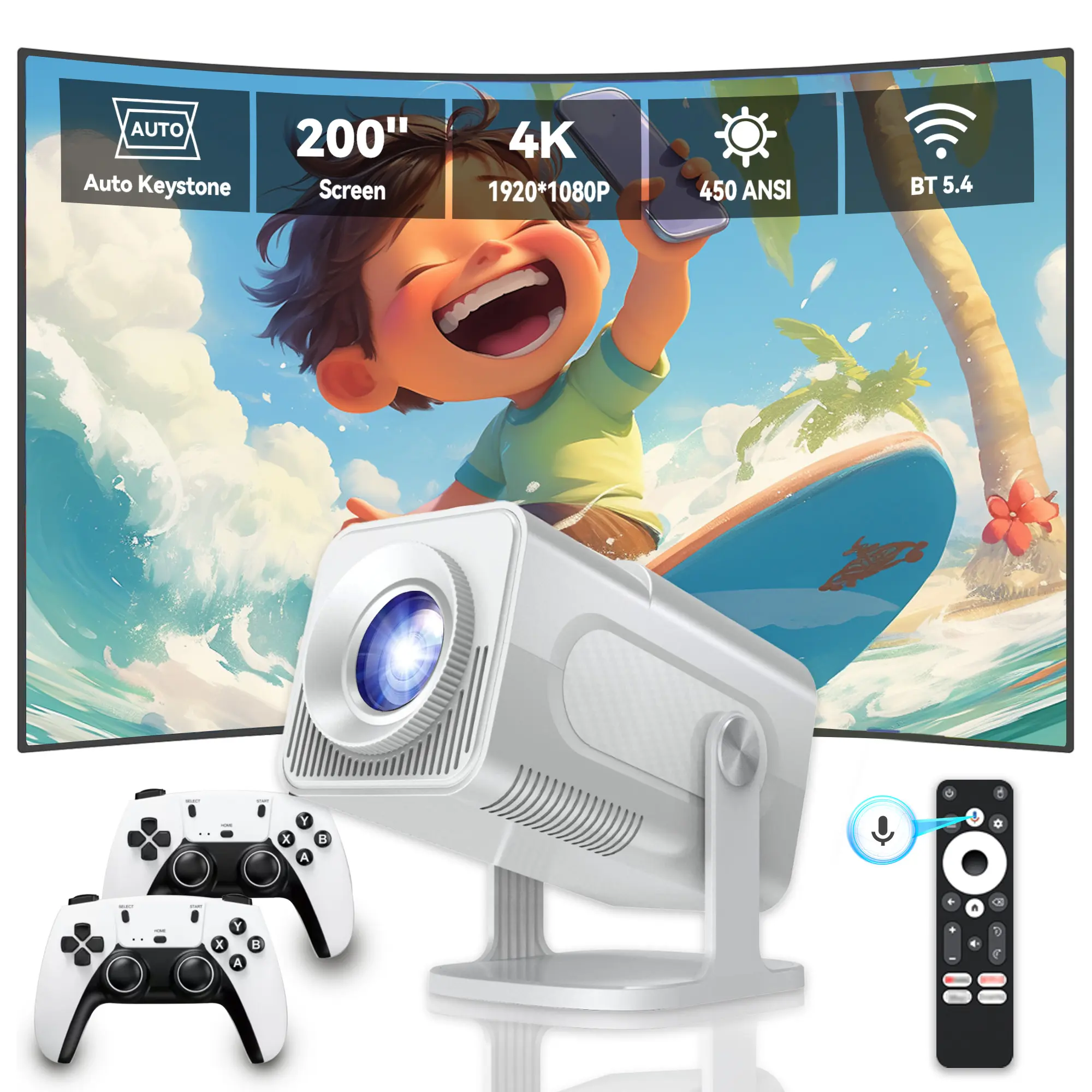 HCS350 Pro Portable Wireless Projector with WIFI & Bluetooth, Game Console Compatible with 10000+ Game, 720P, Android 11 Movie Projector for Outdoor Use, Home Theater, with Remote Focus Function(White)