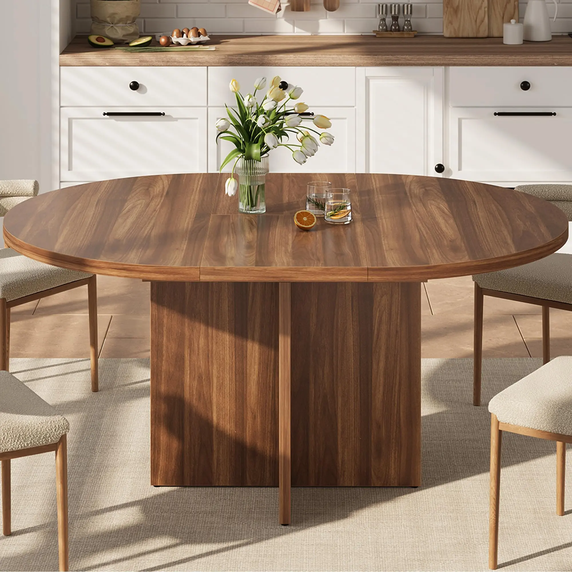 Garvee Kitchen Table for 4-8 People, Extendable Round Dining Room Table for Kitchen, 59 Inch Oval Table for Dining Room, Walnut(Table Only)
