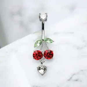 Cherry Belly Button Ring Piercing 14g - Fruit Theme Body Jewelry with Floral Design for New Arrivals
