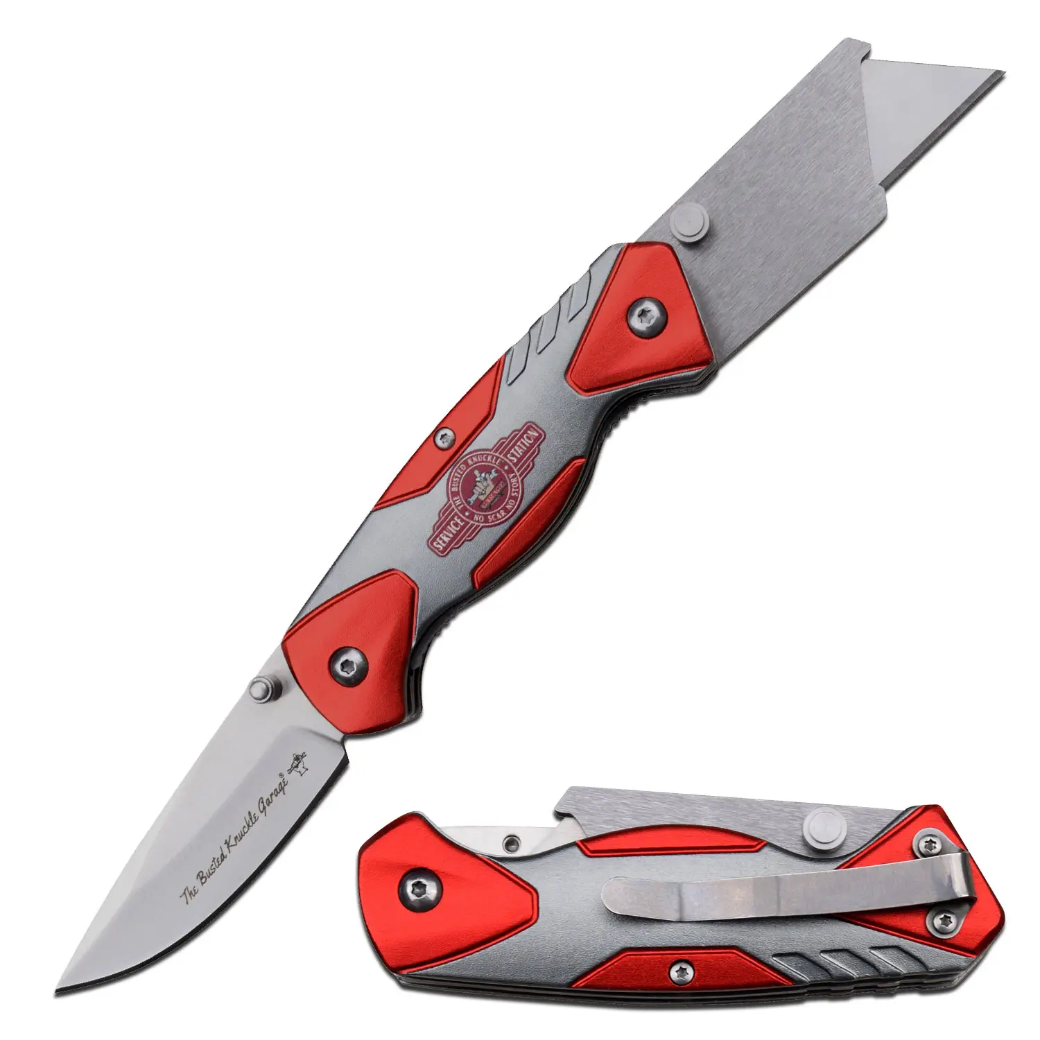 Busted Knuckle Garage 2-in-1 Folding Knife/Utility Knife, Quick-Change Box Cutter with Belt Clip and Liner Lock - Gifts for Dad