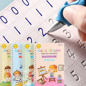 4-Pack Children's Magic Practice Copybooks Set with Pen and Refills, Reusable 3D Groove Writing Pad for Kids Ages 3-6, Traceable Alphabet, Numbers, Drawing & Math Workbooks for Preschoolers - Educational Handwriting Practice Kit