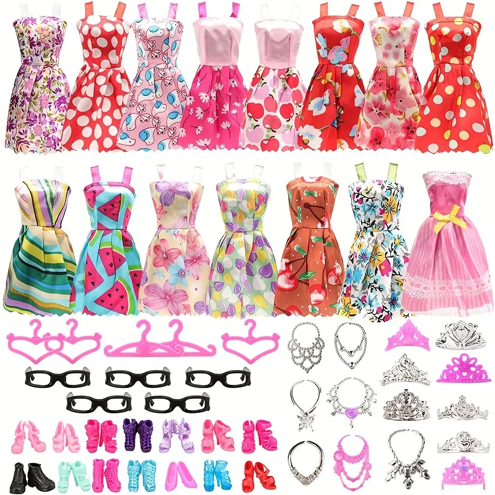 42 Piece Doll Clothes Accessories Set for 11 Inch Dolls, 10 Stylish Dresses 10 Pairs of Shoes 6 Necklaces 5 Crowns 5 Glasses & 5 Hangers, Birthday Gift Role Play Toys