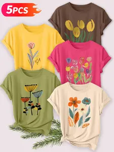 5Pcs Women's Crew Neck T-Shirts, Tulip Floral Series Print, Multiple Colors Available, Machine Washable, Spring & Summer Tops, Soft Skin-Friendly Fabric, Daily Versatile, Fashion Design