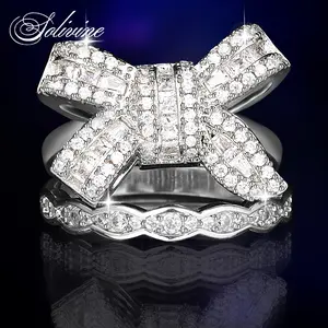 JJ CHIC 2-Piece Bow-Shaped Ring Set – Sparkling 5A Cubic Zirconia Pave-Set Design, Engagment Ring for Elegant & Niche Fashion Lovers, Perfect Gifts for Women