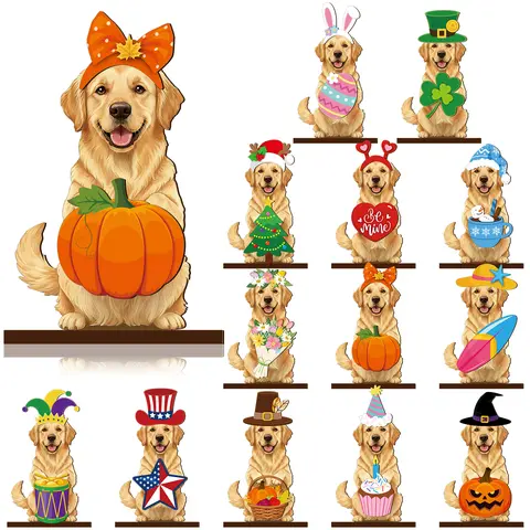 Gejoy Dog Sign Halloween Gift Desk Sign with Magnet-Hat Wooden Sign Golden Retriever Decor for Halloween Fall Pumpkin Thanksgiving Christmas Holiday Party, Gift for Pet Owning Families and Dog Lovers