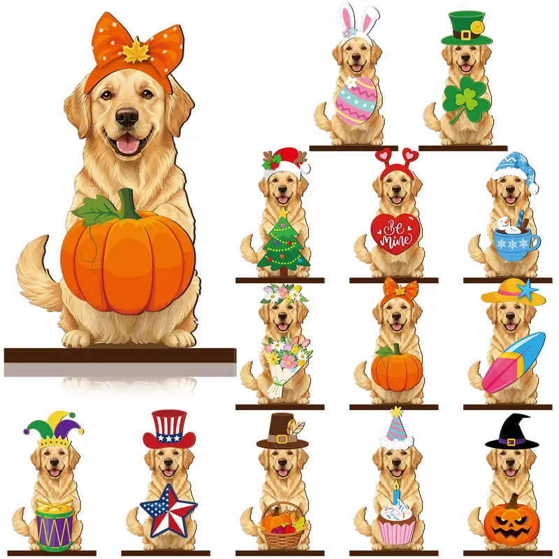 Gejoy Dog Sign Halloween Gift Desk Sign with Magnet-Hat Wooden Sign Golden Retriever Decor for Halloween Fall Pumpkin Thanksgiving Christmas Holiday Party, Gift for Pet Owning Families and Dog Lovers