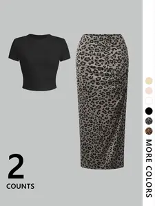 Two-Piece Set Women's Solid Top & Leopard Print Skirt, Casual Fashion Cozy Top & Skirt for Daily Outdoor Wear, Ladies for Summer, Casual Outfits Women, Clothes, Womenswear