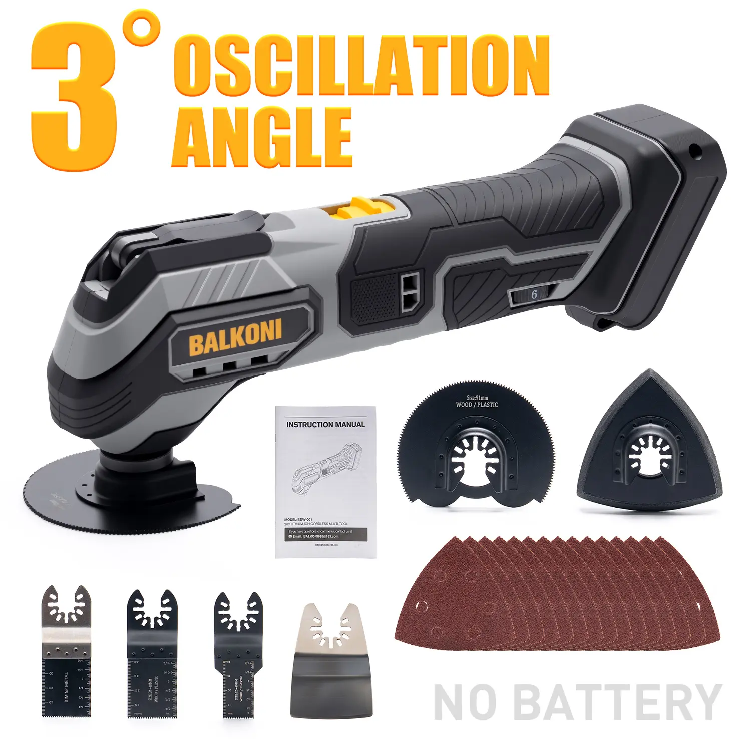 (No Battery) BALKONI Cordless Oscillating Multi Tool Compatible For Dewalt 20V Battery, DIY Electric Oscillating Tool - 6 Speeds 21000 RPM, Wood Cutting Blade And Sanding Pad With Sandpaper, Tool Only, Without Battery Or Charger