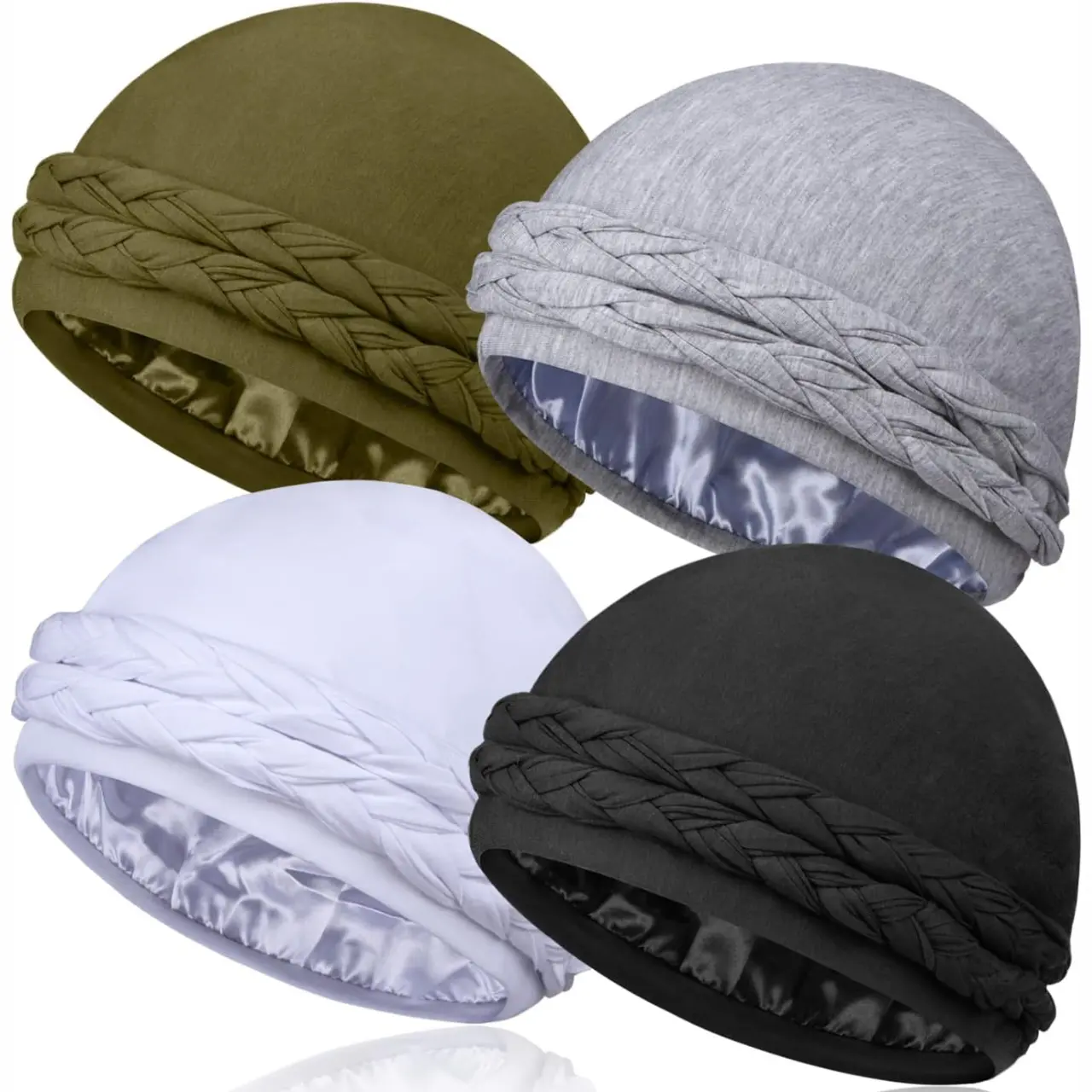 4PCS Satin Lined Turban Head Wraps for Men – Halo Turban Head Scarf for Hair Protection & Style Boho Style Solid Color Turban Hat