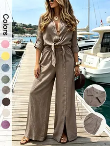 Women's Two-Piece Vacation Style Shirt and Pants Set, Knot Top with Button Decoration, Wide-Leg Pants, Casual Womenswear