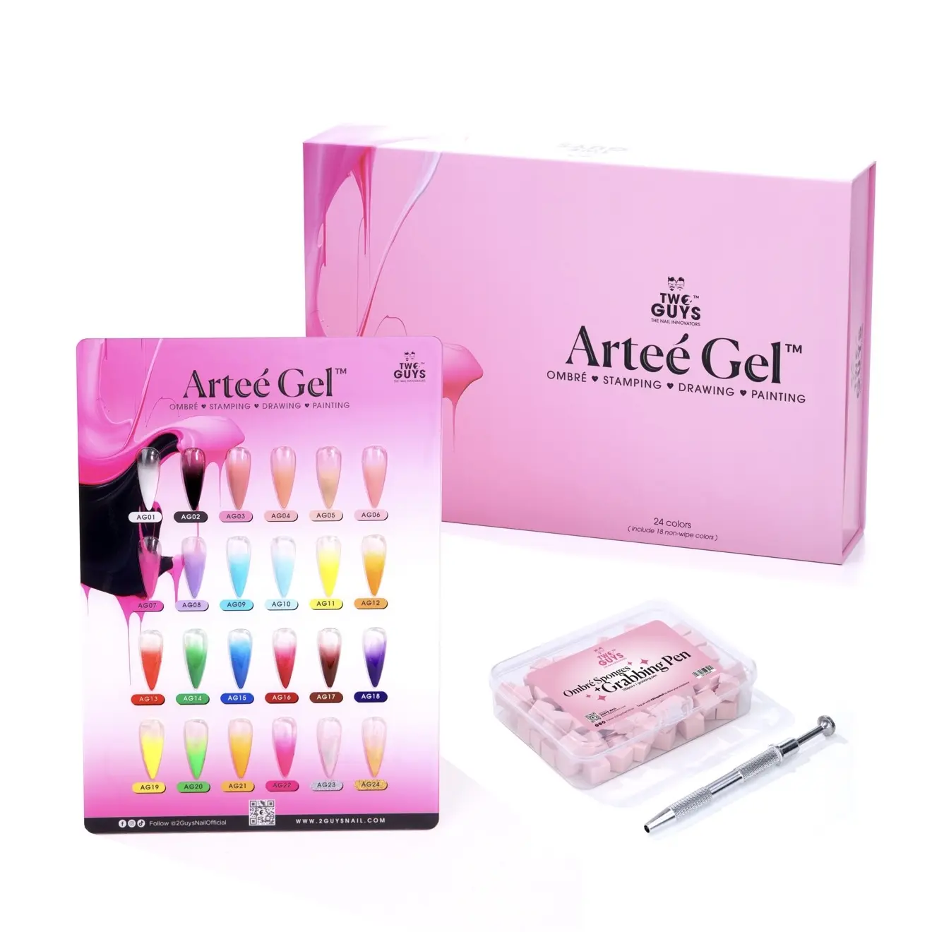 2GUYS NAIL ARTEE GEL COLLECTION (24 COLORS) FREE COLOR CHART + OMBRÉ SPONGES KIT