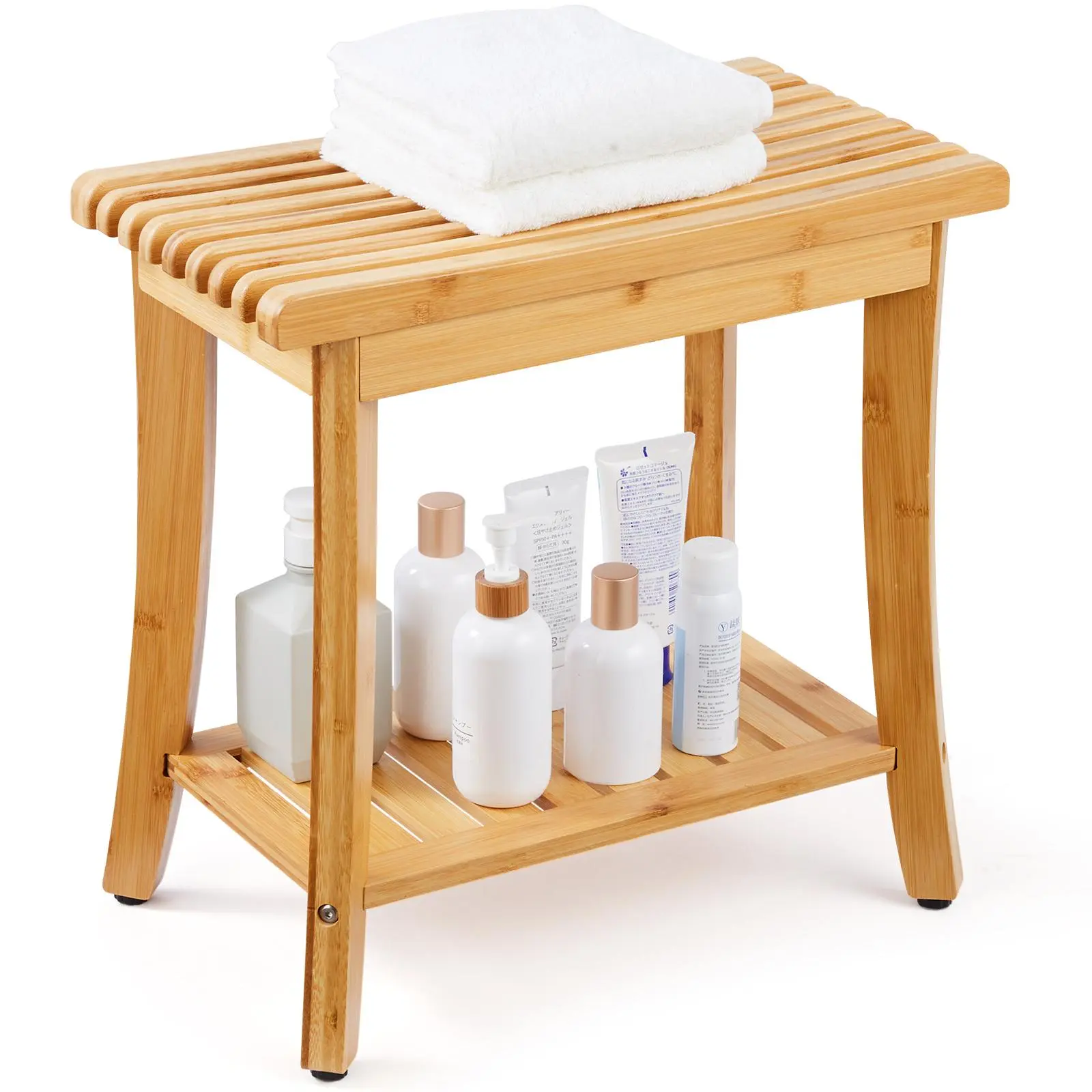 【Summerfinds】VEVOR Bamboo Shower Bench, 19.1 x 11.3 x 18.3 in, Waterproof Shower Stool Chair with Storage Shelf, 330lbs Load Capacity Spa Bath Seat Organizer, for Adults Seniors Women Elderly Indoor Outdoor