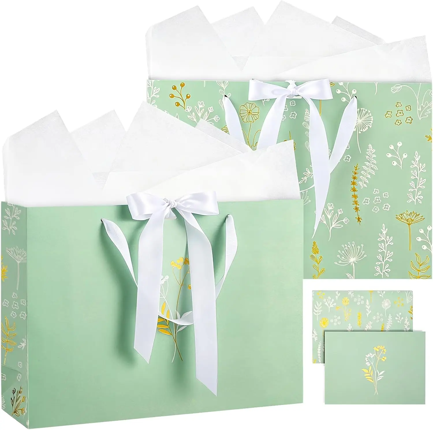 13.7in Sage Green Gift Bags for Women, 2-Pack Large Wrapping Bags with Handles, Tissue Paper & Cards for Wedding, Bridal Shower Occasions