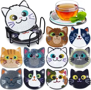 10PCS DIY Diamond Painting Coasters with bracket, Cat Theme Diamond Art Coasters Set, DIY Diamond Painting Coasters, Suitable for Beginners in Art and Craft Supplies, Gift for Valentine's Day