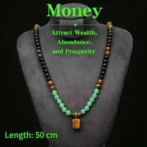 Veliora Gift B Money Attraction Necklace With GreenAventurine & Tiger Eye Pendant Healing Crystal Stone ，Anniversary, Vacation &Theme Parties Jewelry Charms Abundance Crystal bracelet，Long Chain，Sweater chain，Ideal Gift Jewelry for Men and Women