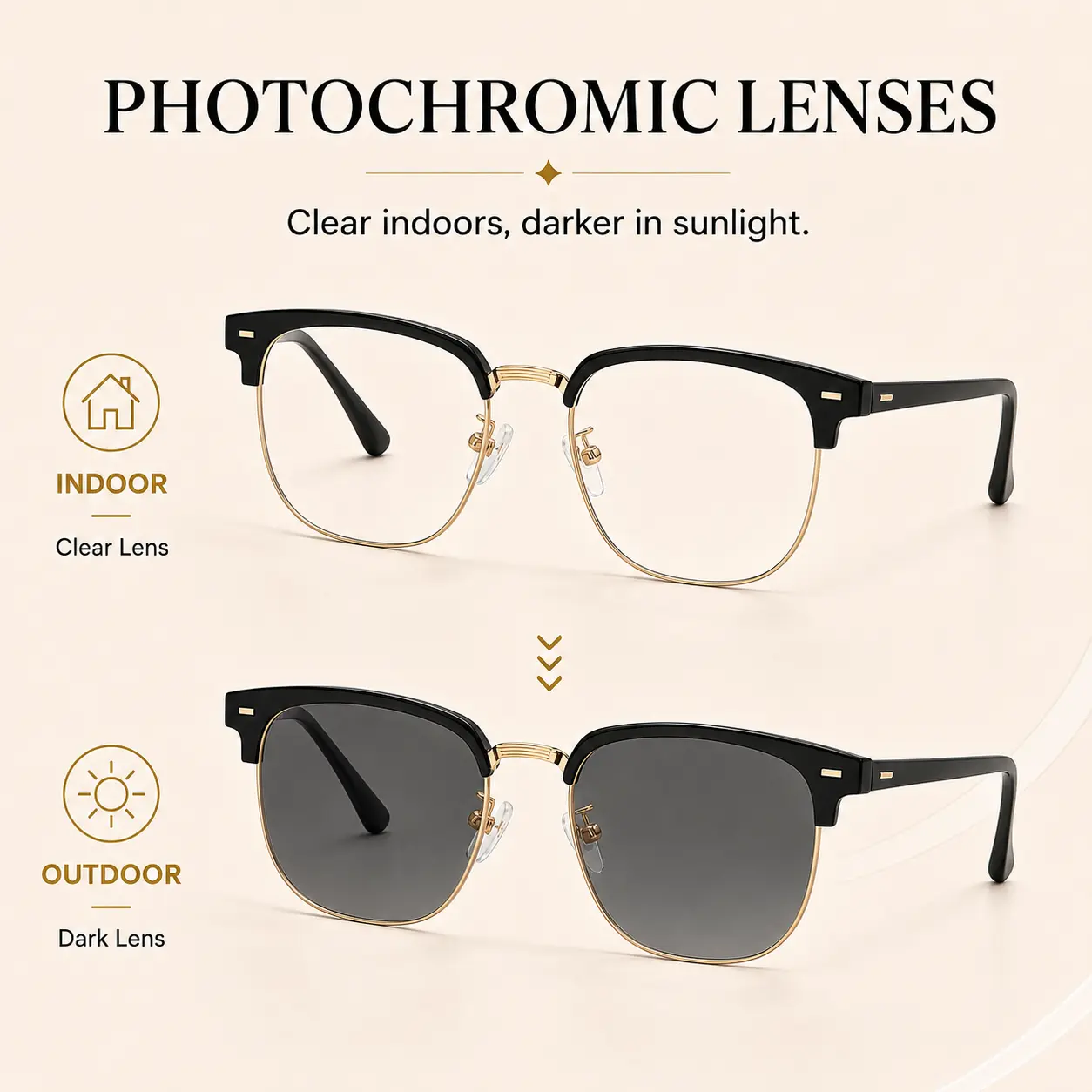 Photochromic Blue Light Glasses for Reading & Outdoor Use, Unisex Fashion Readers with UV400 Sun Protection, Semi-Rimless Black & Gold Frame, Blue Light Blocking Lens, Stylish Eyeglass for Indoor/Outdoor Daily Use anti-blue