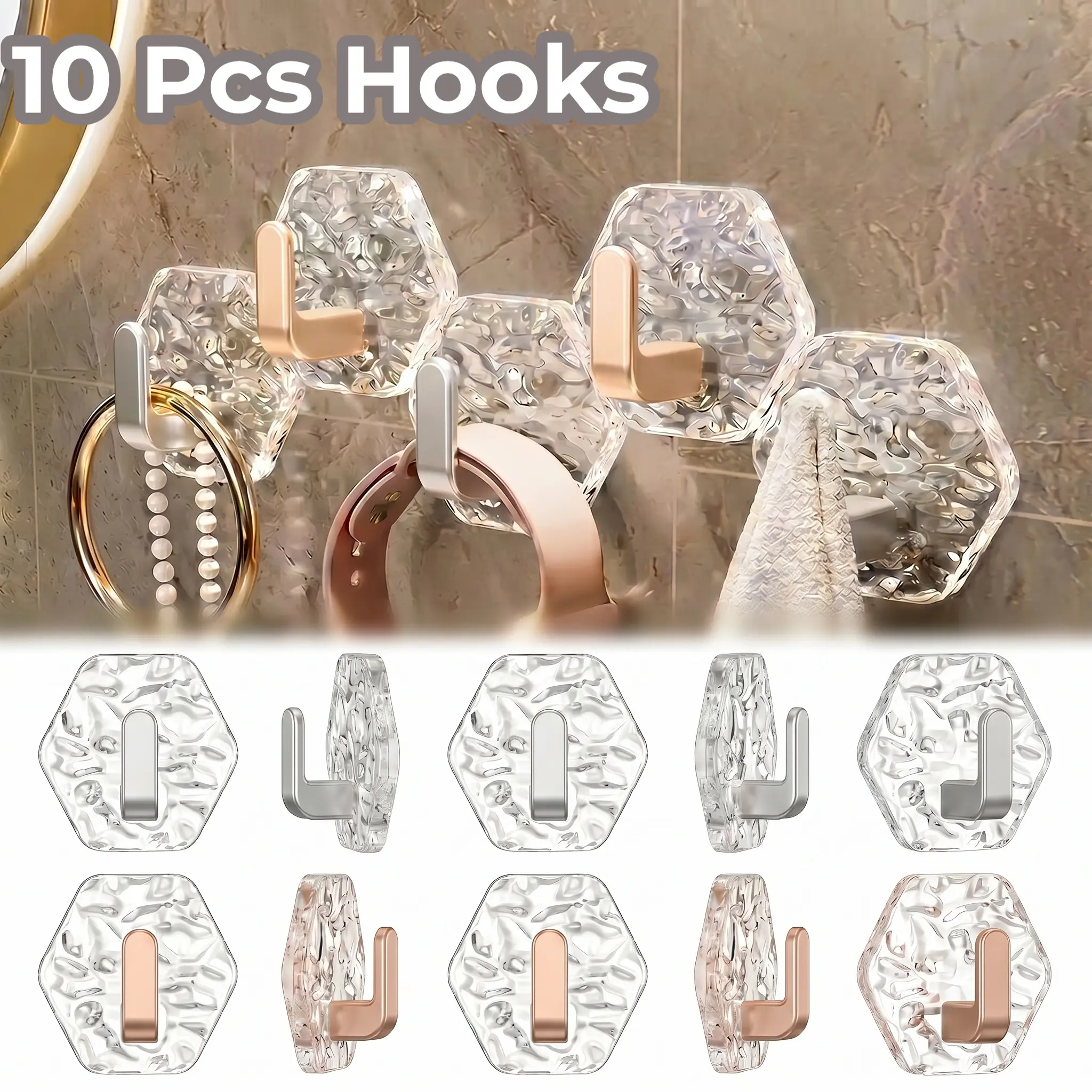 10 Pcs Self-Adhesive Hooks Hexagonal Ripple Design Heavy Duty Sticky Hooks Waterproof Rustproof for Bathroom Kitchen Keys Towels Coats Household Storage Organiser Easy Installation-YY