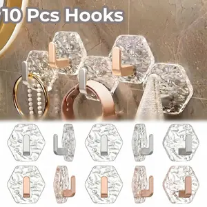 10 Pcs Self-Adhesive Hooks Hexagonal Ripple Design Heavy Duty Sticky Hooks Waterproof Rustproof for Bathroom Kitchen Keys Towels Coats Household Storage Organiser Easy Installation-YY