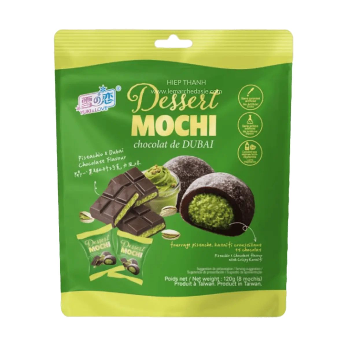 YUKI&LOVE Pistachio Dubai Chocolate Mochi Daifuku - Taiwanese Soft Rice Cake Snacks, 120g