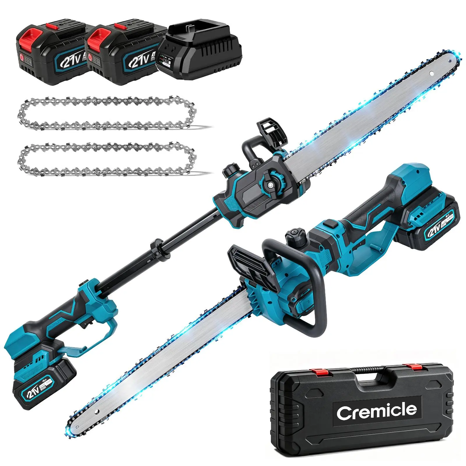 2 in 1 Cordless Pole Saw & Mini Chainsaw with 2 Batteries, Power Electric Polesaw for Tree Trimming, Chain Saw with Extension Pole, 16ft Reach, Limb Branch Cutter Pruner