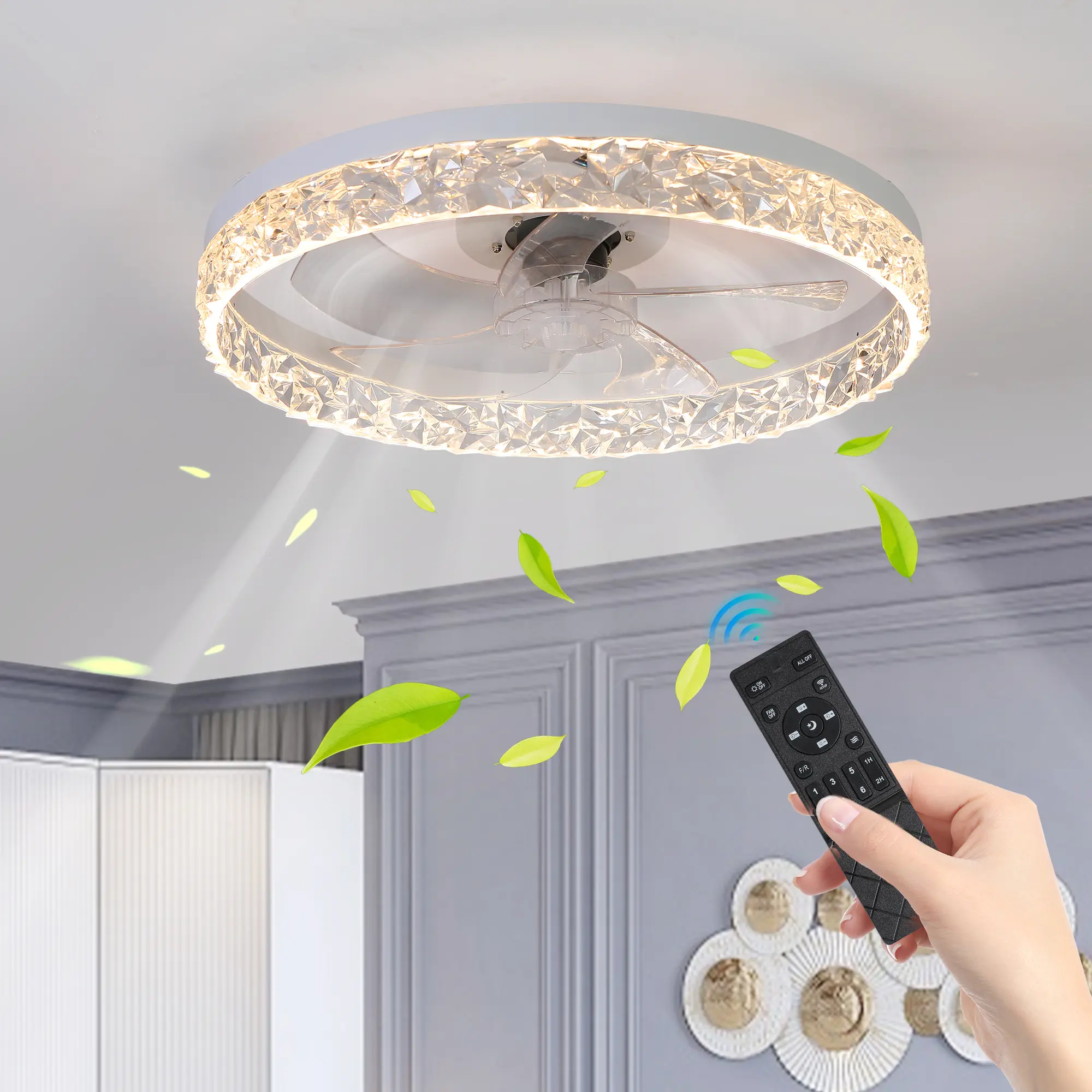 Flush Mount Ceiling Fan Light with Remote, Dimmable LED, 6-Speed Quiet Motor, Acrylic Chandelier Design, White, 19.7x19.7x5.7in