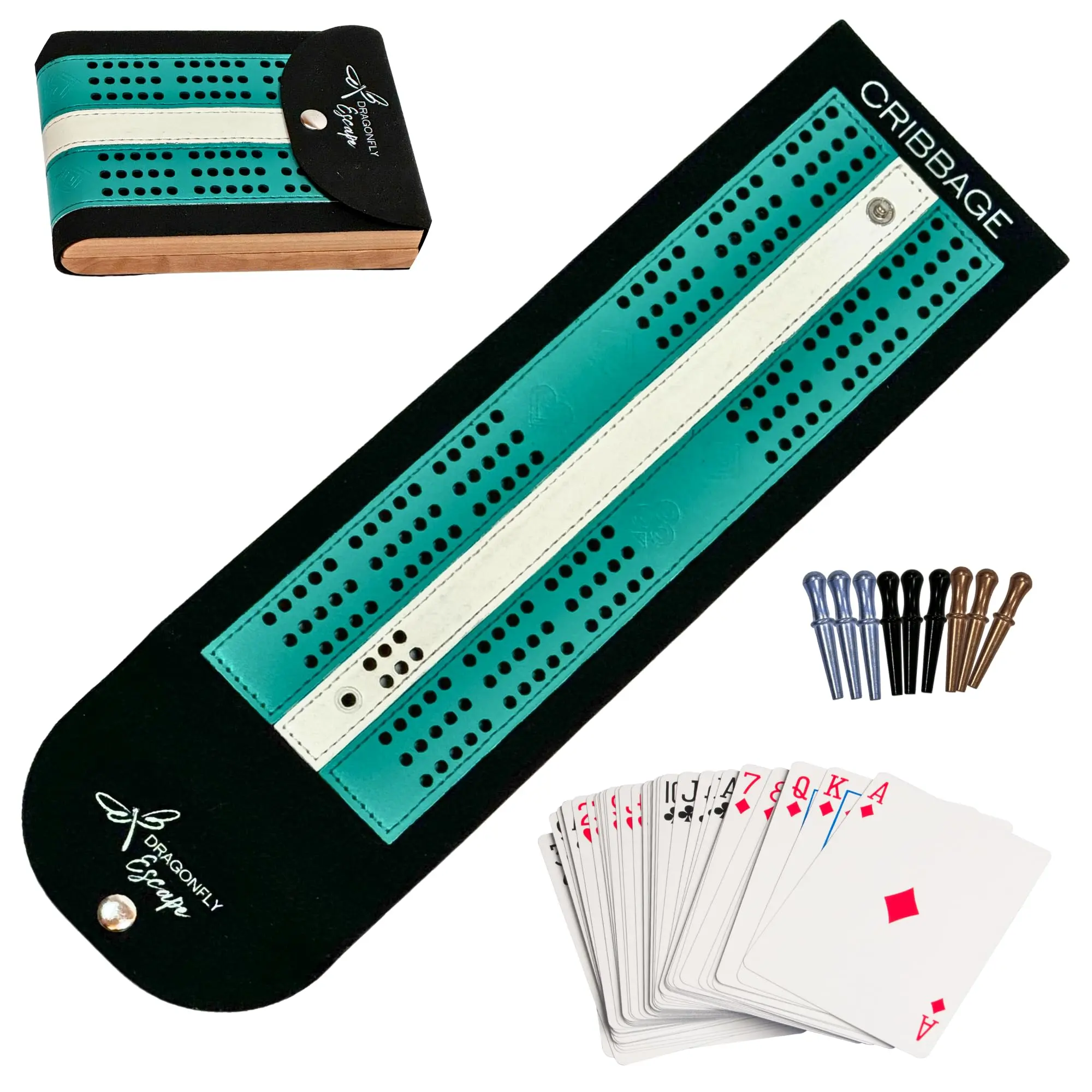 Dragonfly Escape Travel Cribbage Game Board | Lightweight Portable Travel Cribbage Board Set | Folding Travel Games for Adults (Teal & White)