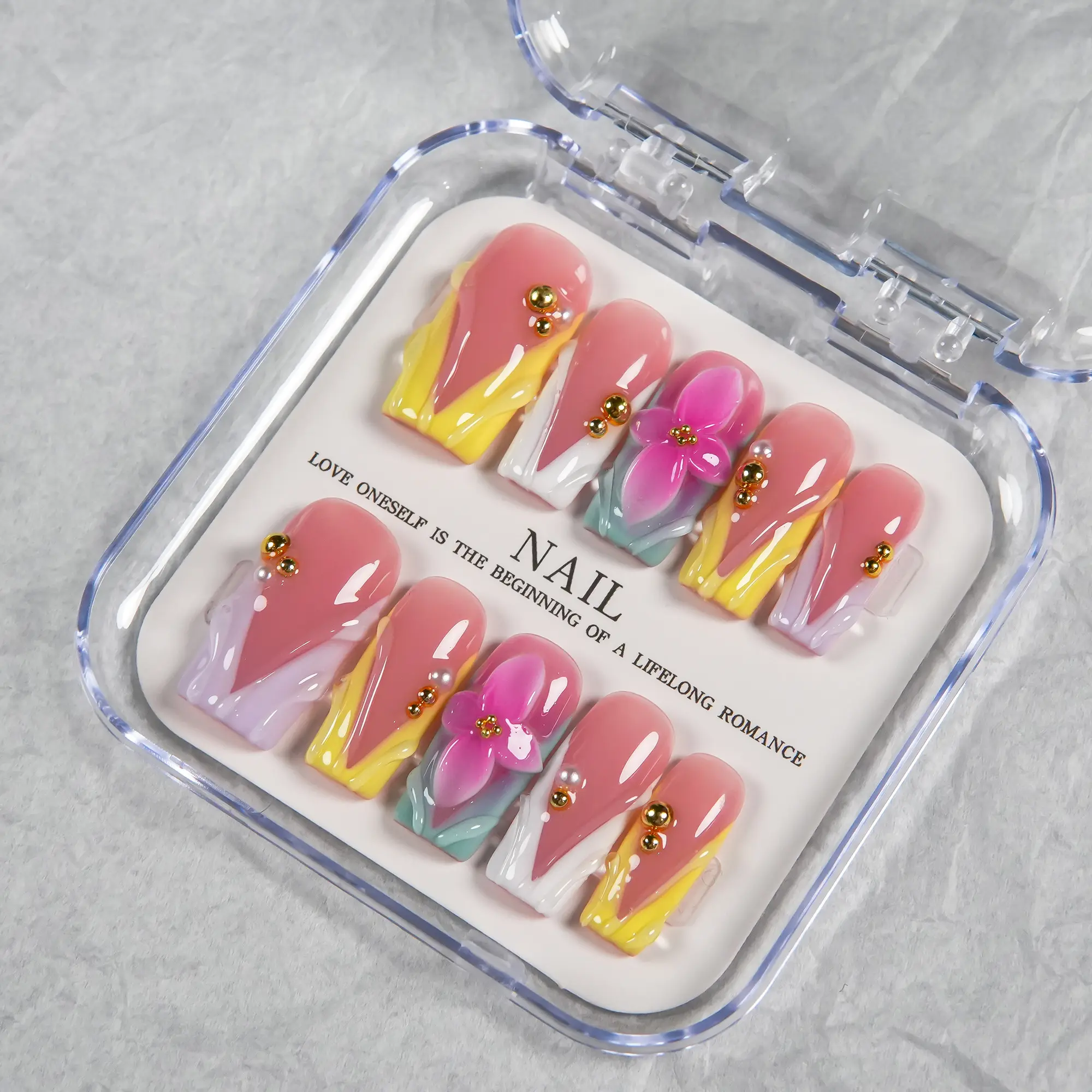 Handmade Medium-Length Press-On Nails - Translucent Peach Base with Macaron Yellow, Light Purple, White, Mint Green, Multicolor 3D Wavy French Tips, Decorative Accents, 3D Embossed Pink 5-Petal Flowers
